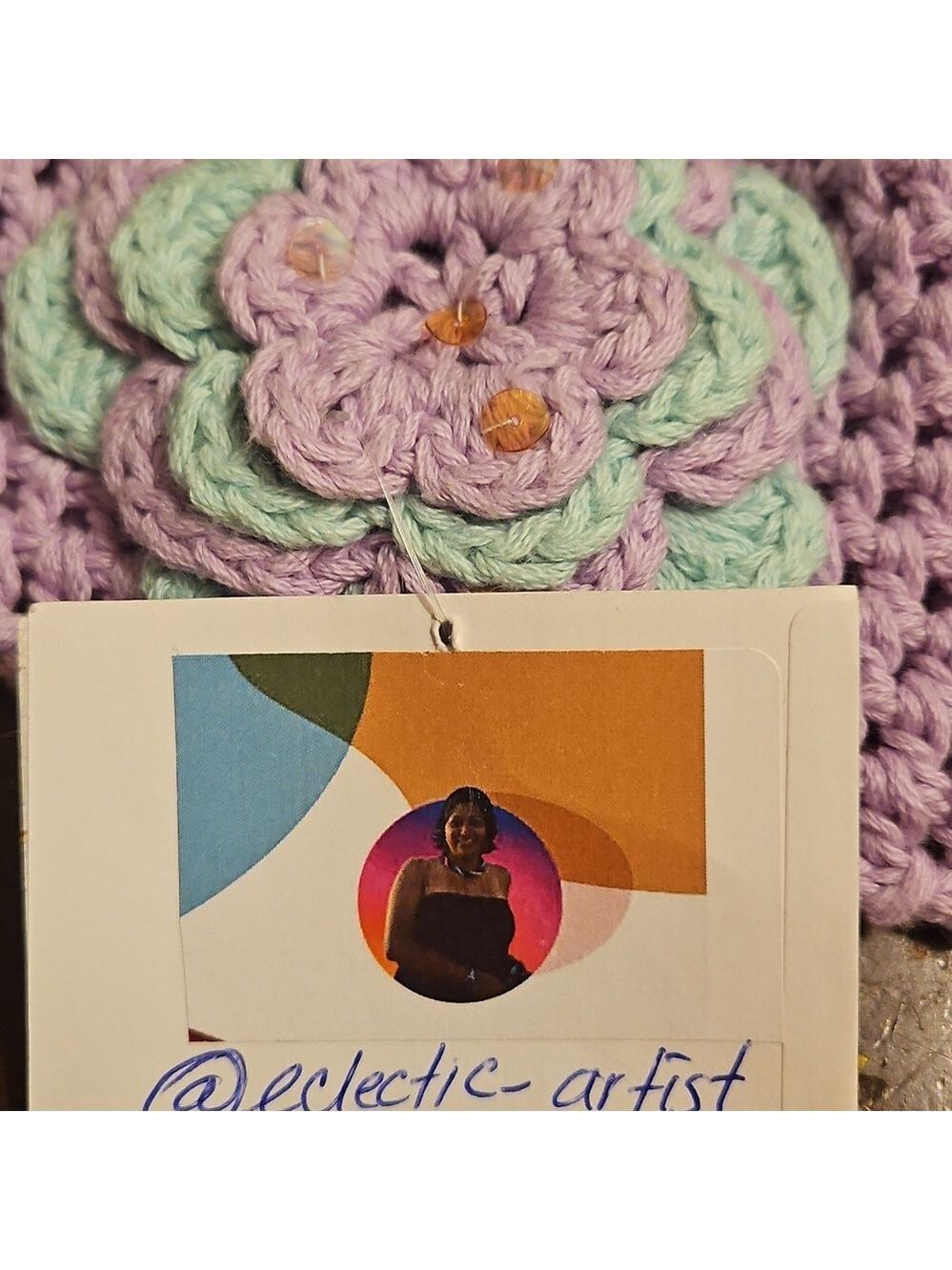 Hand Crafted upcycle crochet lavander Beanie handmade flower grannycore girl hat - Picture 15 of 17